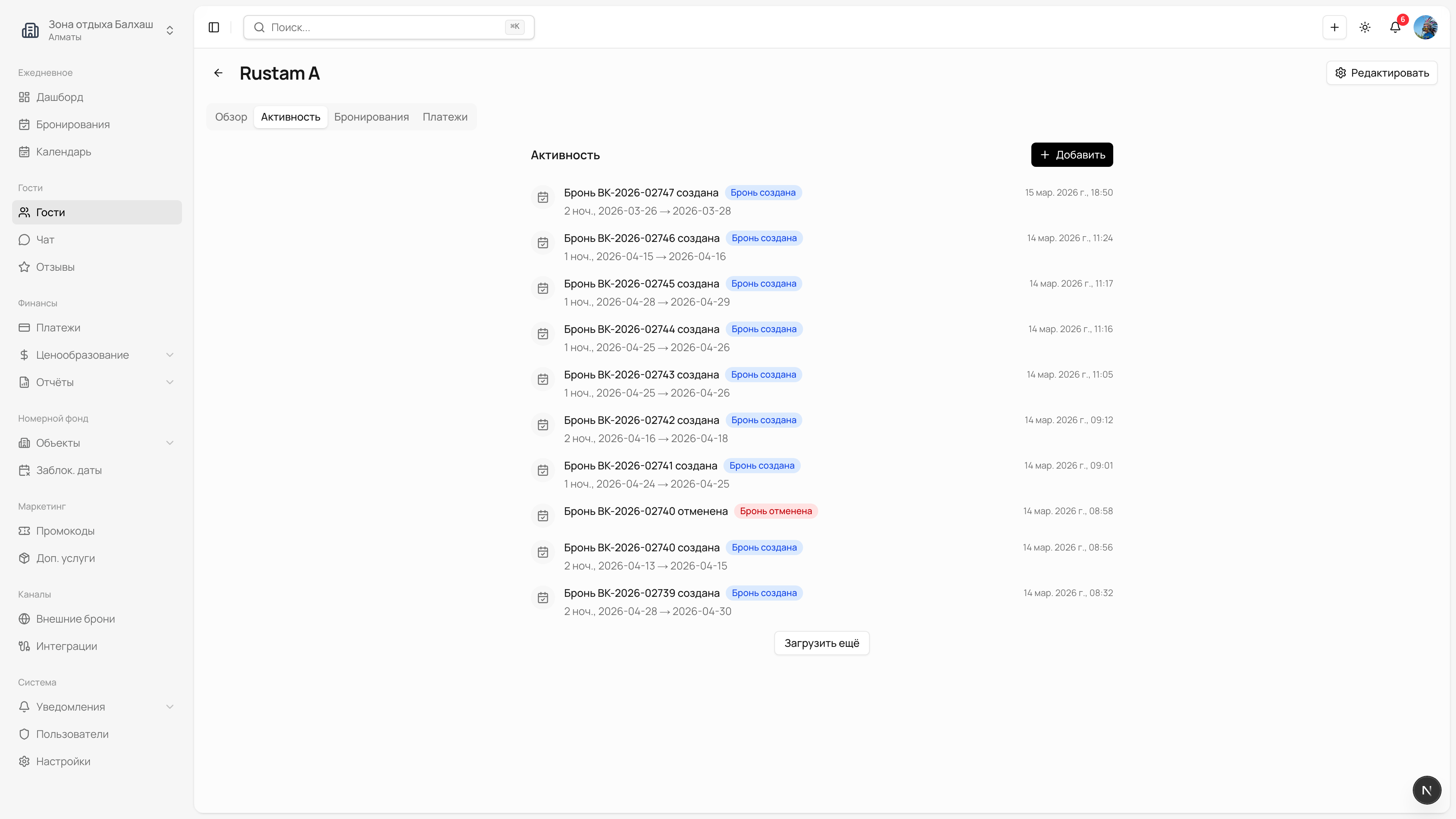 Вкладка Активность